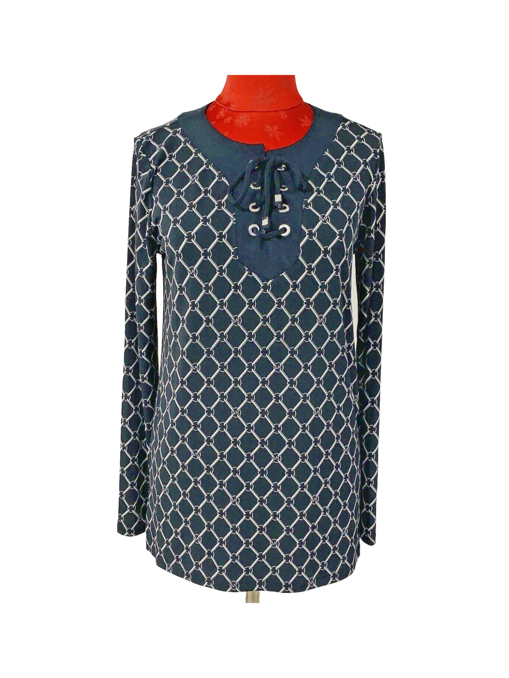Michael Kors Casual Top Size S Black Gray White Geometric Lace Up Long Sleeve